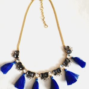 J Crew necklace gold chain with rhinestones, grey crystals, and blue tassels 21"